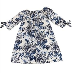 Valentina Naldi 100% Linen Floral Dress 3/4 Tie Sleeve Italy White Blue Sz Large